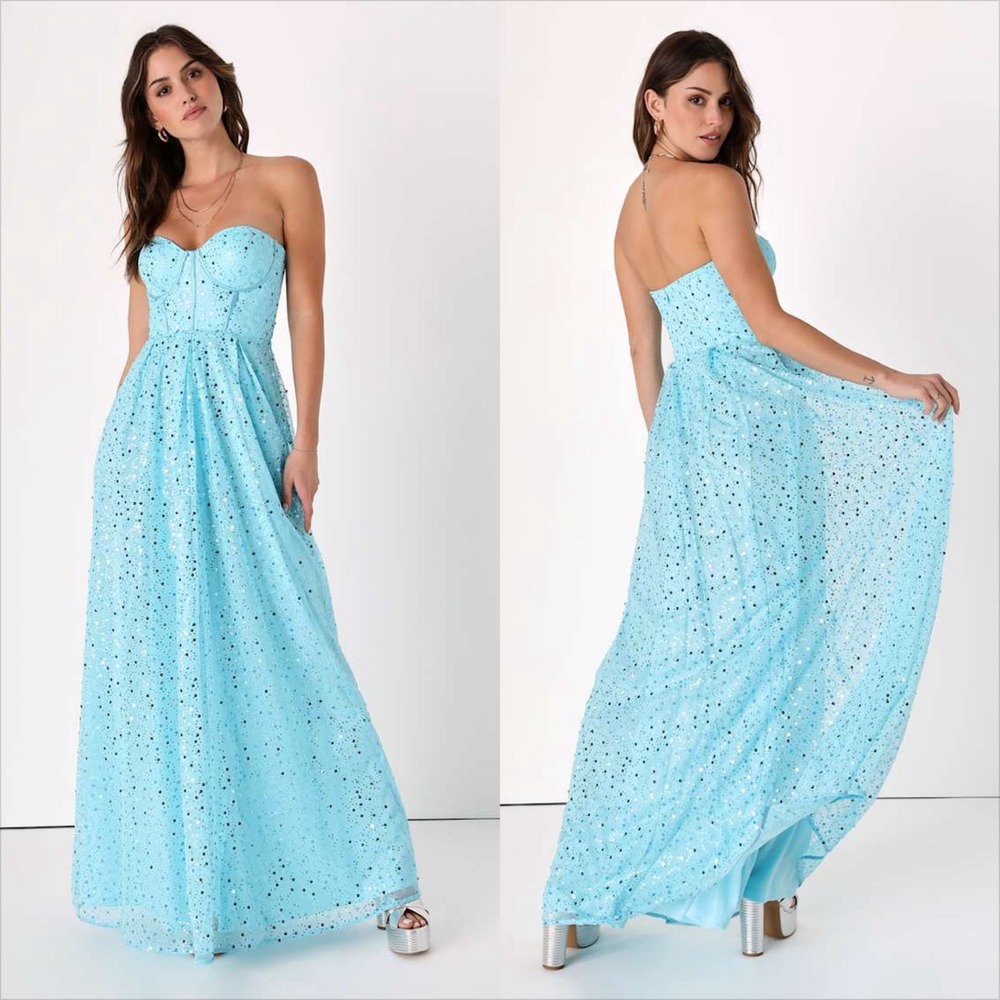 Lulus Radiant Reflection Light Blue Sequin Tulle Strapless Maxi Dress Size S‎